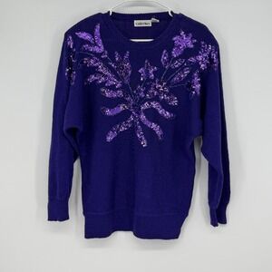 Cristina Purple Sequins Beaded Floral Sweater Ramie Cotton Knit Vintage Size M